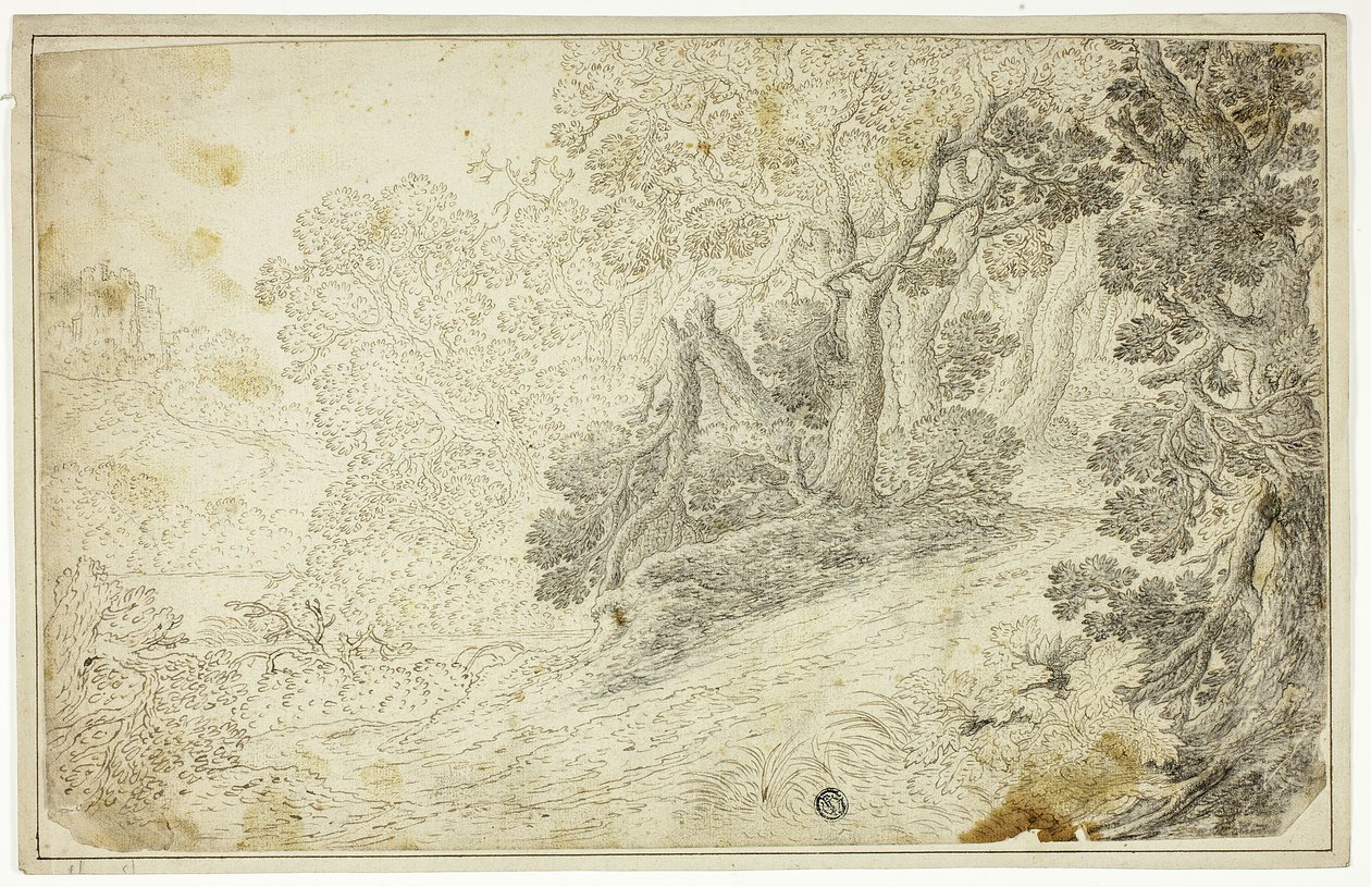Paisagem arborizada do rio com vista do castelo de Unknown artist