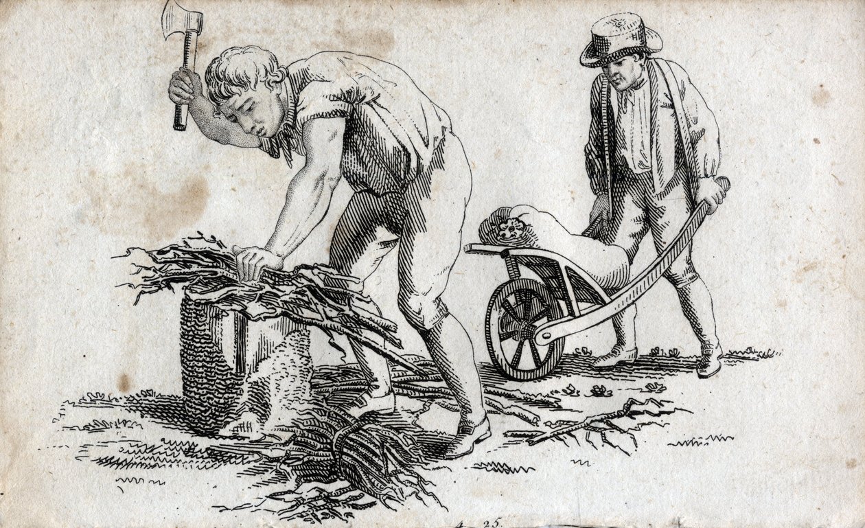 Lenhadores fazendo fardos de madeira e homens carregando fardos em um carrinho de mão. Gravura de fim do século XVIII. Colecção privada. de Unknown artist