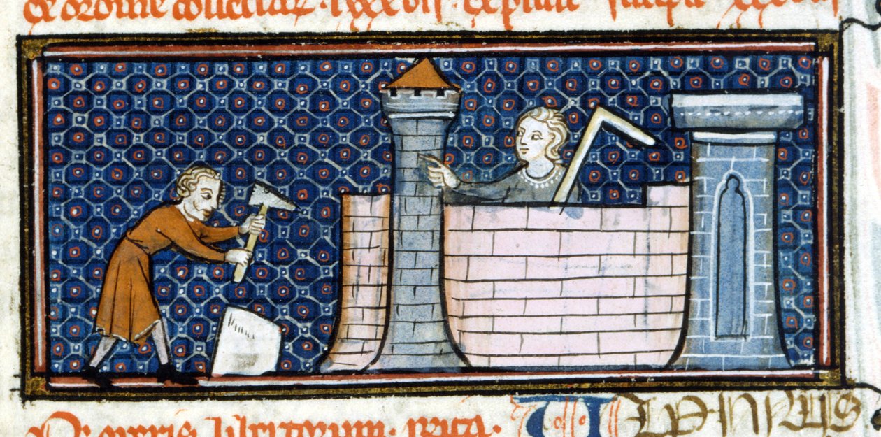 Trabalhadores construindo um mosteiro fortificado, miniatura de meados do século XIII. Biblioteca Trivulziana. de Unknown artist