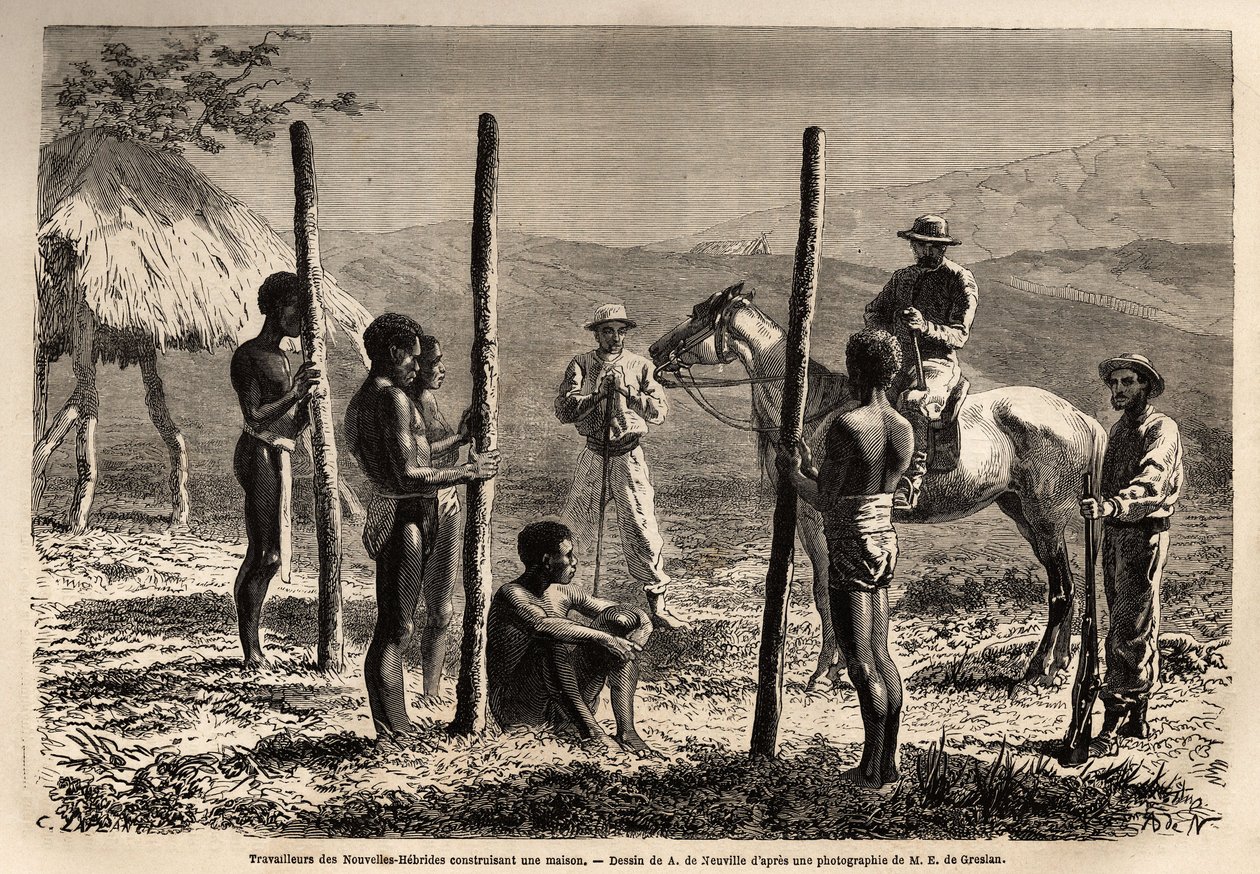 Trabalhadores das Novas Hébridas (ou desde 1980, a República de Vanuatu, um arquipélago melanésio no norte da Nova Caledônia), construindo uma casa, que o autor encontra durante uma excursão a cavalo. Engravure pour illustrrer le voyage à la Nouvelle Caled de Unknown artist