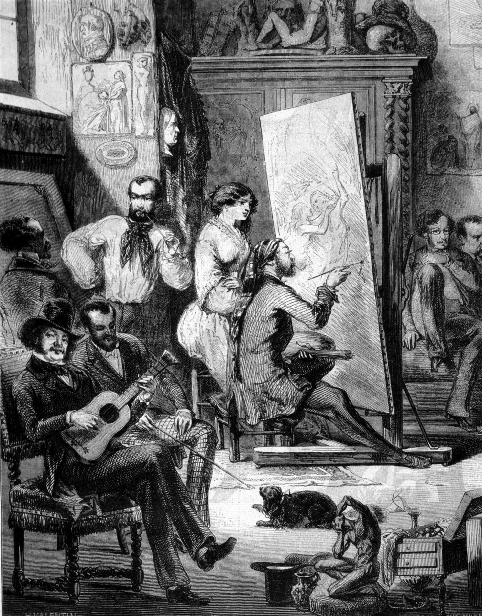 Oficina de um pintor no século XIX. Alguns tocam música, outros fumam enquanto o pintor desenha. Gravura do século XIX de Unknown artist