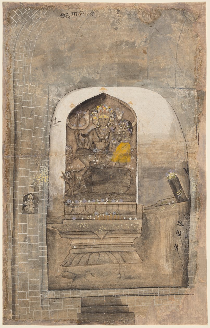 Adoração da imagem de pedra de Shiva e Parvati dentro de um santuário de Unknown artist