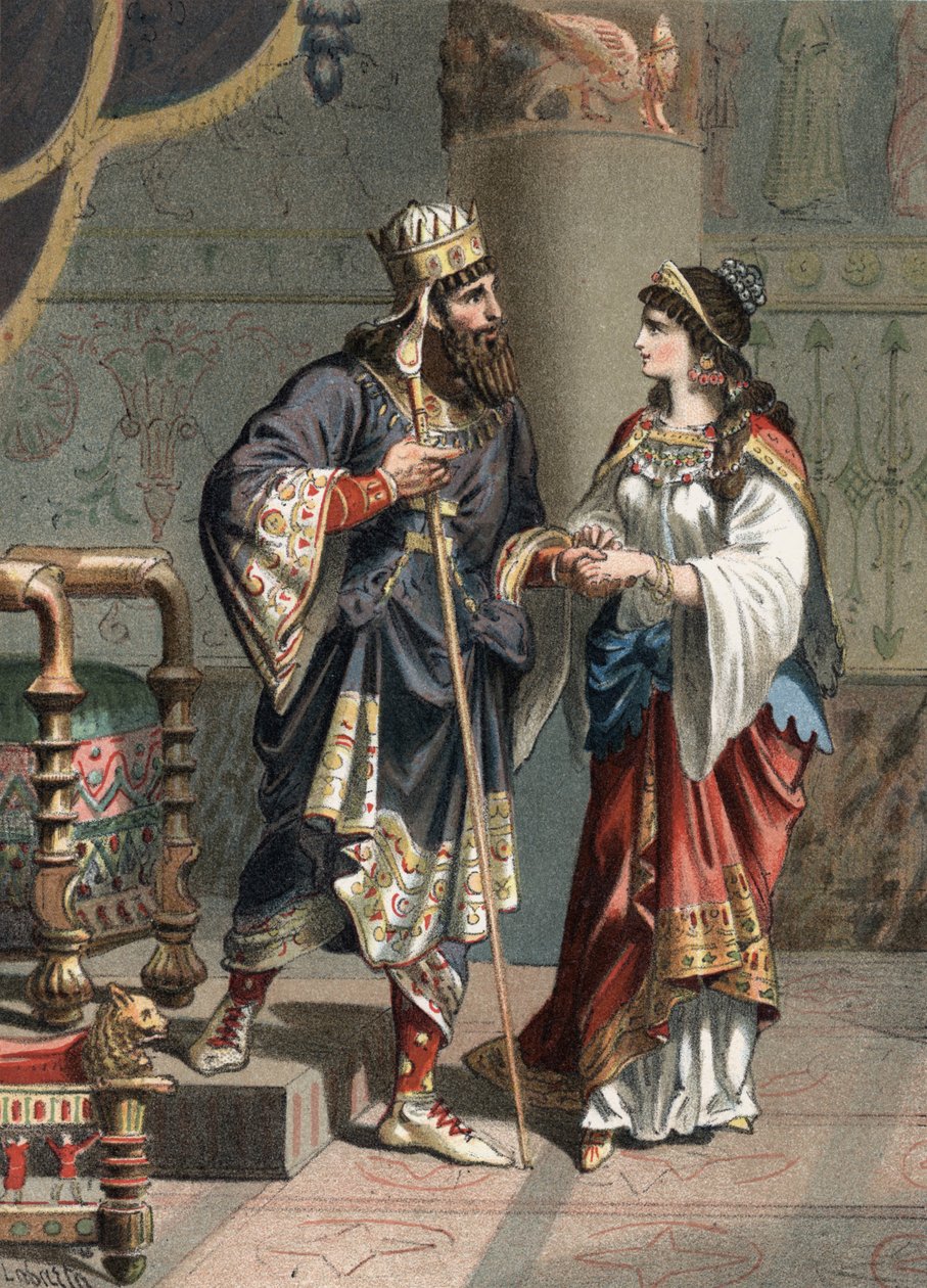 Xerxes I Achaemenid King of Persia (519-465 AC) com sua esposa Amestris. Gravura de 1881 em "El Culto de la Hermosura" de Juan Justo Huguet, Molinas Hermanos editores de Unknown artist