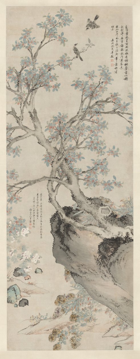 Crisântemos amarelos e osmanthus vermelho no estilo de Wang Yuan de Unknown artist