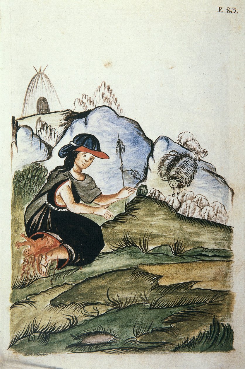 Jovem pastora indígena que dá à luz na natureza, do livro "Trujillo del Peru" ou "Códice Martínez Compañón", de Baltazar Martinez Compañón y Bujanda, bispo de Trujillo (1782-1785) de Unknown artist