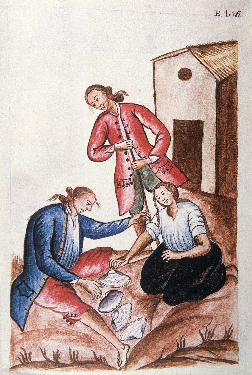 Jovens índios jogando o jogo das conchas, do livro "Trujillo del Peru" ou "Códice Martínez Compañón", de Baltazar Martinez Compañón y Bujanda, bispo de Trujillo (1782-1785) de Unknown artist