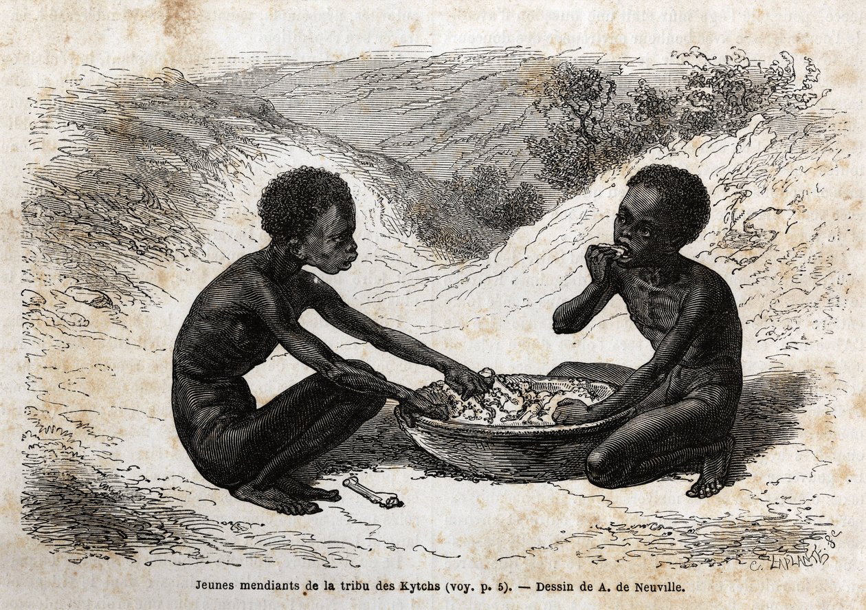 Jovens mendigos da tribo Kychi (localizada na região do Alto Nilo) que tomam uma troca de refeições por alguns maços. Gravura para ilustrar a viagem ao Lago Albert de Unknown artist
