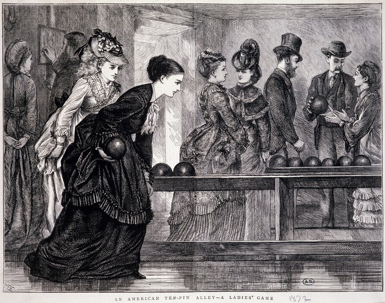 Mulheres jovens jogando boliche, nos Estados Unidos, por volta de 1870 - gravura de Unknown artist