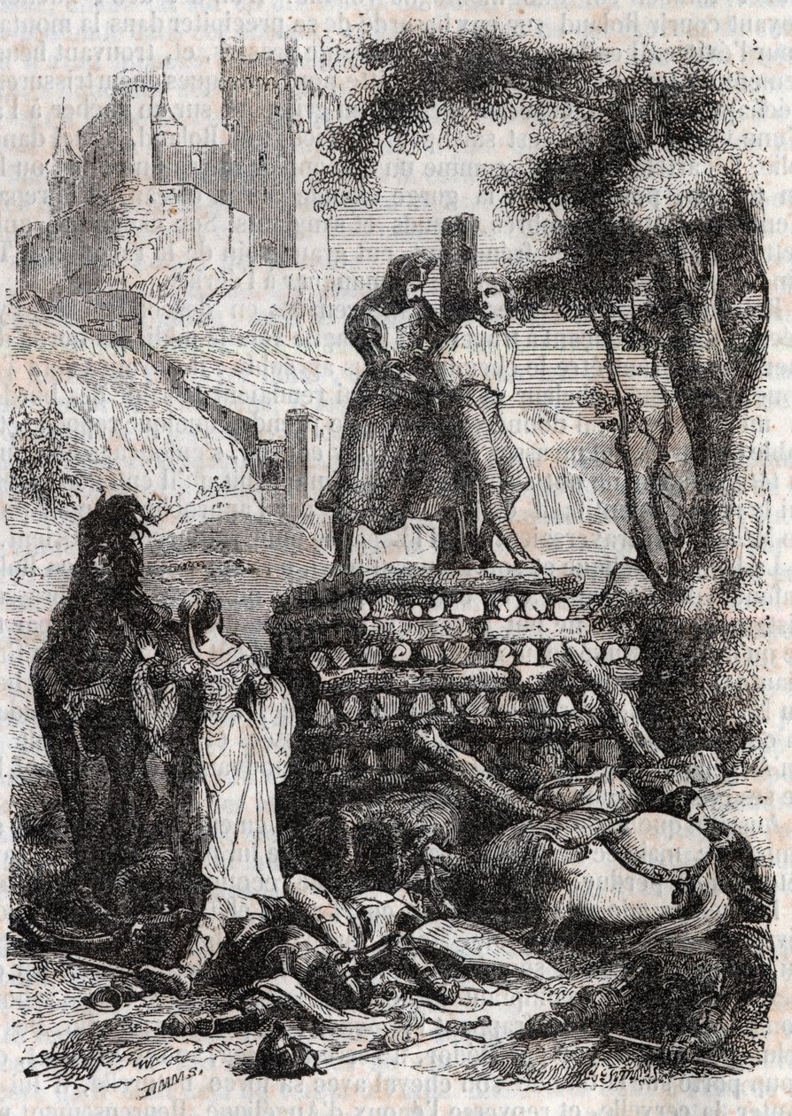 Zerbin on the Bucher, Delivre by Roland - gravura de 1851 de “” Furious Roland ”” de Unknown artist