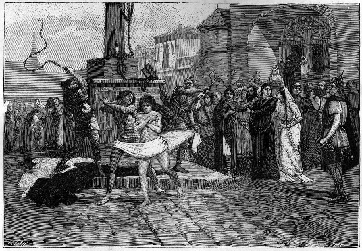 um homem e uma mulher adúlteros são chicoteados na praça pública de uma aldeia em França, na Idade Média. Gravura do século XIX ilustrando a moral dos franceses. de Unknown artist