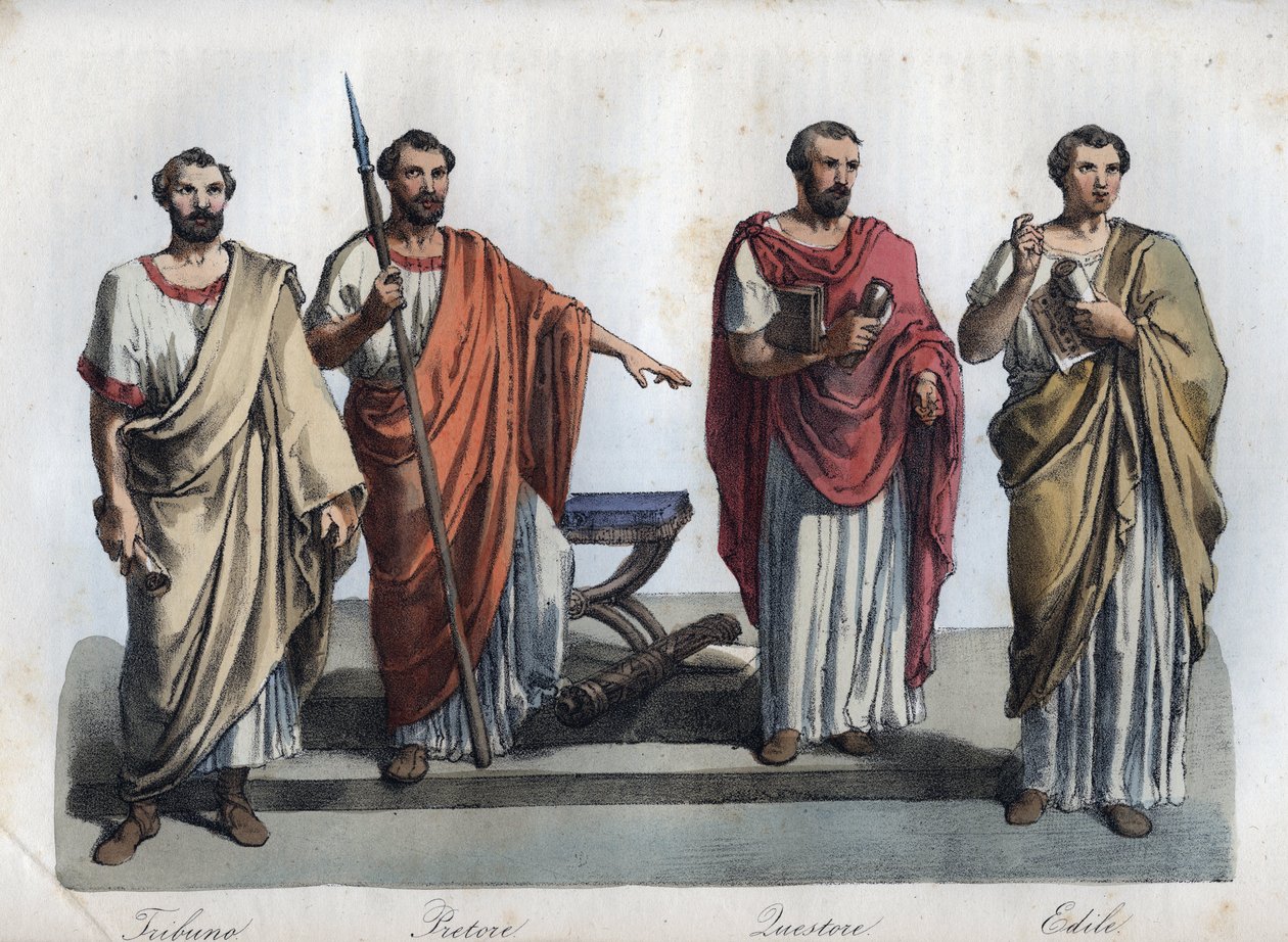 magistrados da Roma antiga - Tribuno (Tribuna) - pretor (Pretor) (Magistrado) - Questores (Questores) - aedilos (edilos) gravados a partir de "Usos e costumes de todos os povos do Universo". Ou História do Governo, Leis, Milícia, Rei e Rainha do Mundo. de Unknown artist