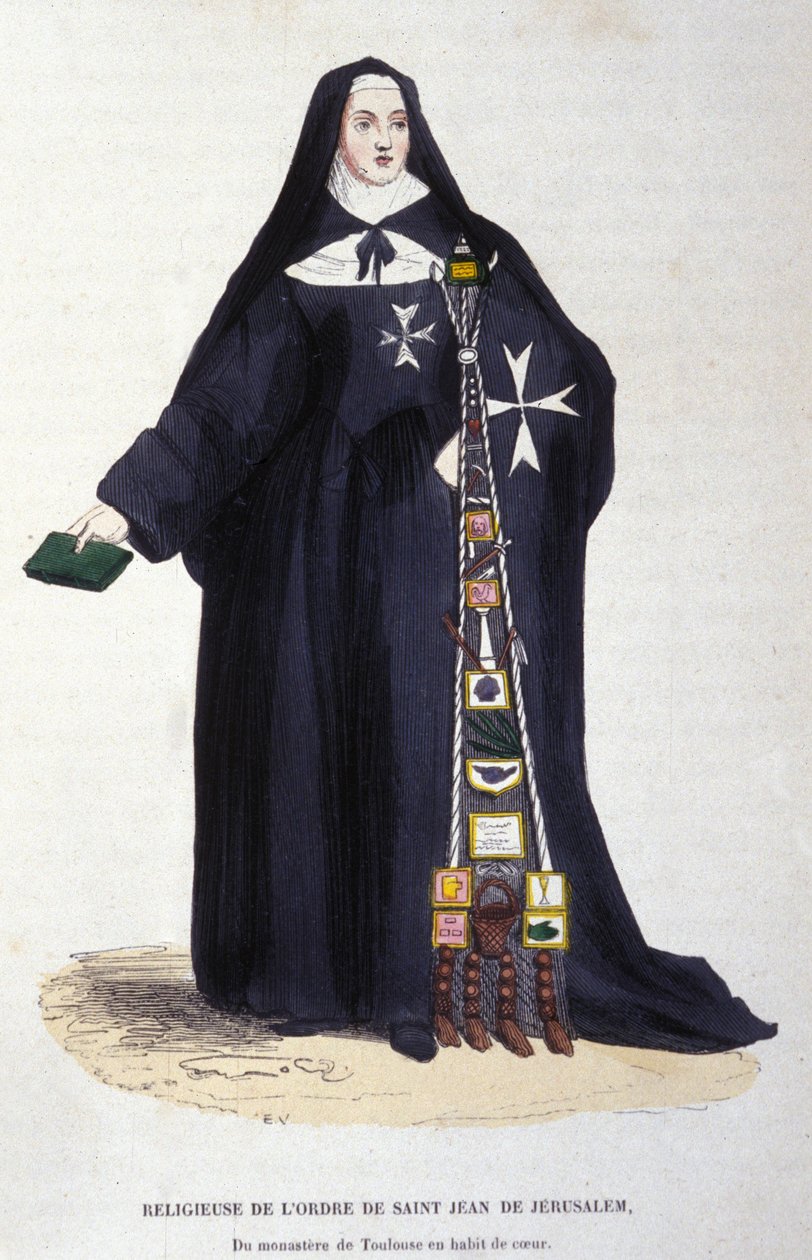 religiosos da Ordem de São João de Jerusalém, do mosteiro de Toulouse em vestido de Coeur. Gravura de um álbum sobre ordens religiosas, Paris de Unknown artist