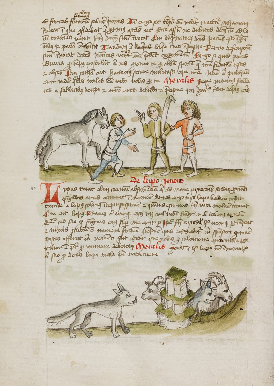 Um homem conduzindo um cavalo para dois outros homens; um lobo diante de um rebanho de ovelhas e carneiros de Unknown artist/maker