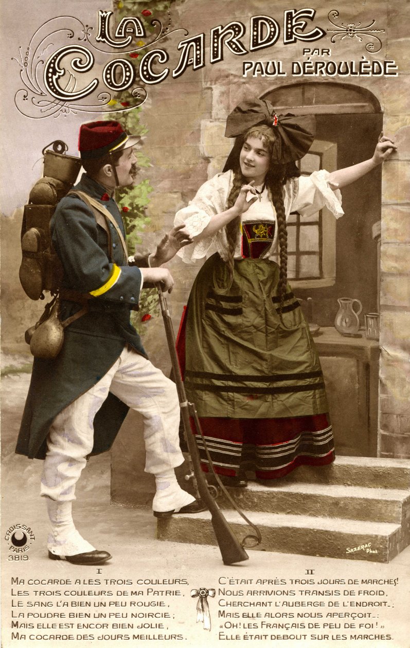 Destacamento da Alsácia Lorena durante a Primeira Guerra Mundial: Soldado francês e mulher alsaciana a conversar. Cartão postal de 1914-1918. de Unknown photographer