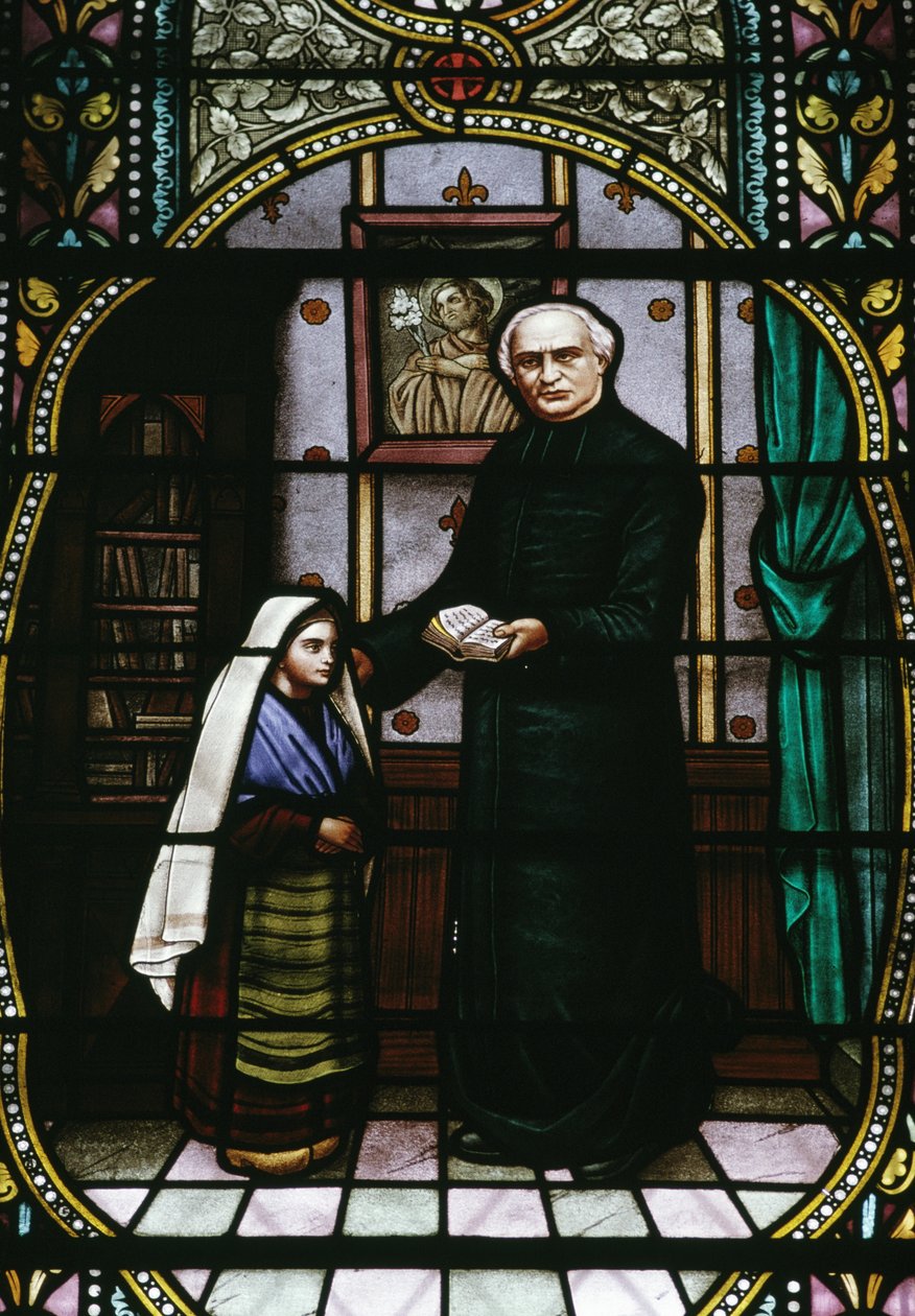 Bernadette e o abade Peyramale, vitral da igreja paroquial de Lourdes, Languedoc-Roussillon-Midi-Pyrenees, França, século XX de Unknown photographer