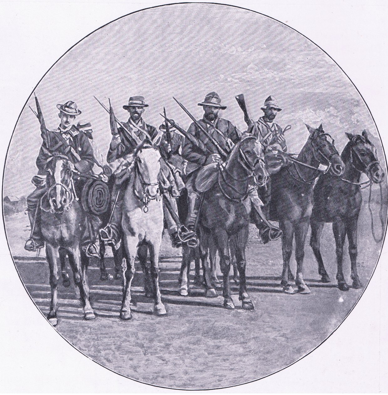 Boers armados com espingardas e guarda-chuvas, de After Pretoria: The Guerilla War publicado pela Harmsworth Bros Limited de Unknown photographer