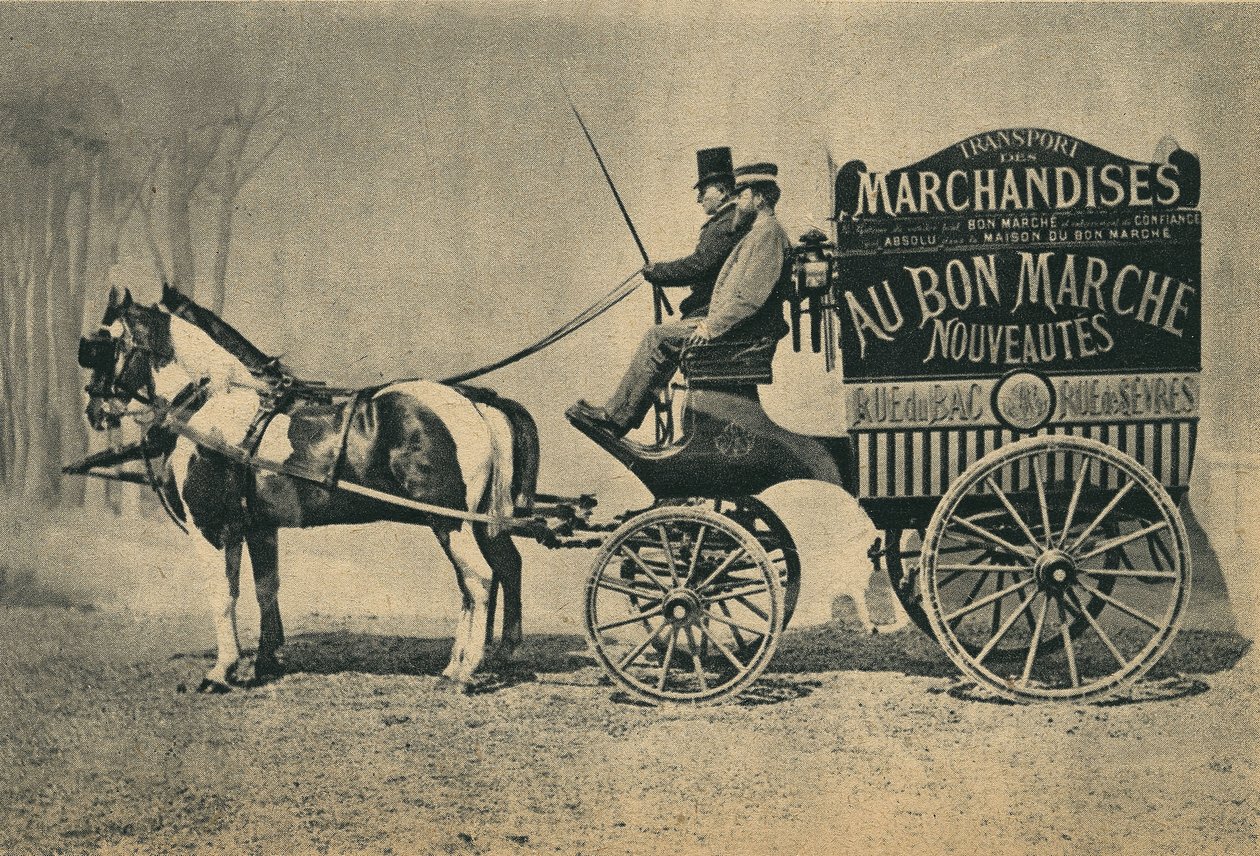 Entrega de carro de cavalos da loja "Au Bon Marche" em Paris, rue du Bac e rue de Sevres. Fotografia, final do século XIX, Paris. Col. Selva. de Unknown photographer