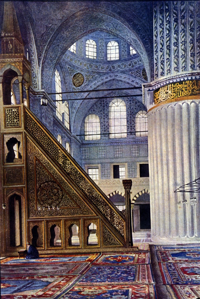 Interior da Mesquita Hagia Sophia em Contantinople (Turquia). A Mesquita Mihrab. Autocromo de Unknown photographer