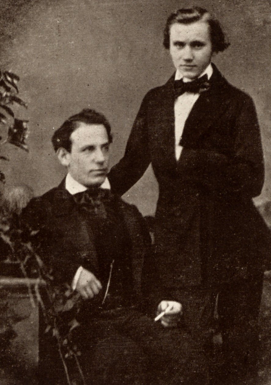 Johannes Brahms (1833-1897) compositor alemão, de pé, com o violinista húngaro refugiado, Eduard Remenyi (1828-1898), com quem fez uma digressão (meio-tom de uma fotografia) de Unknown photographer