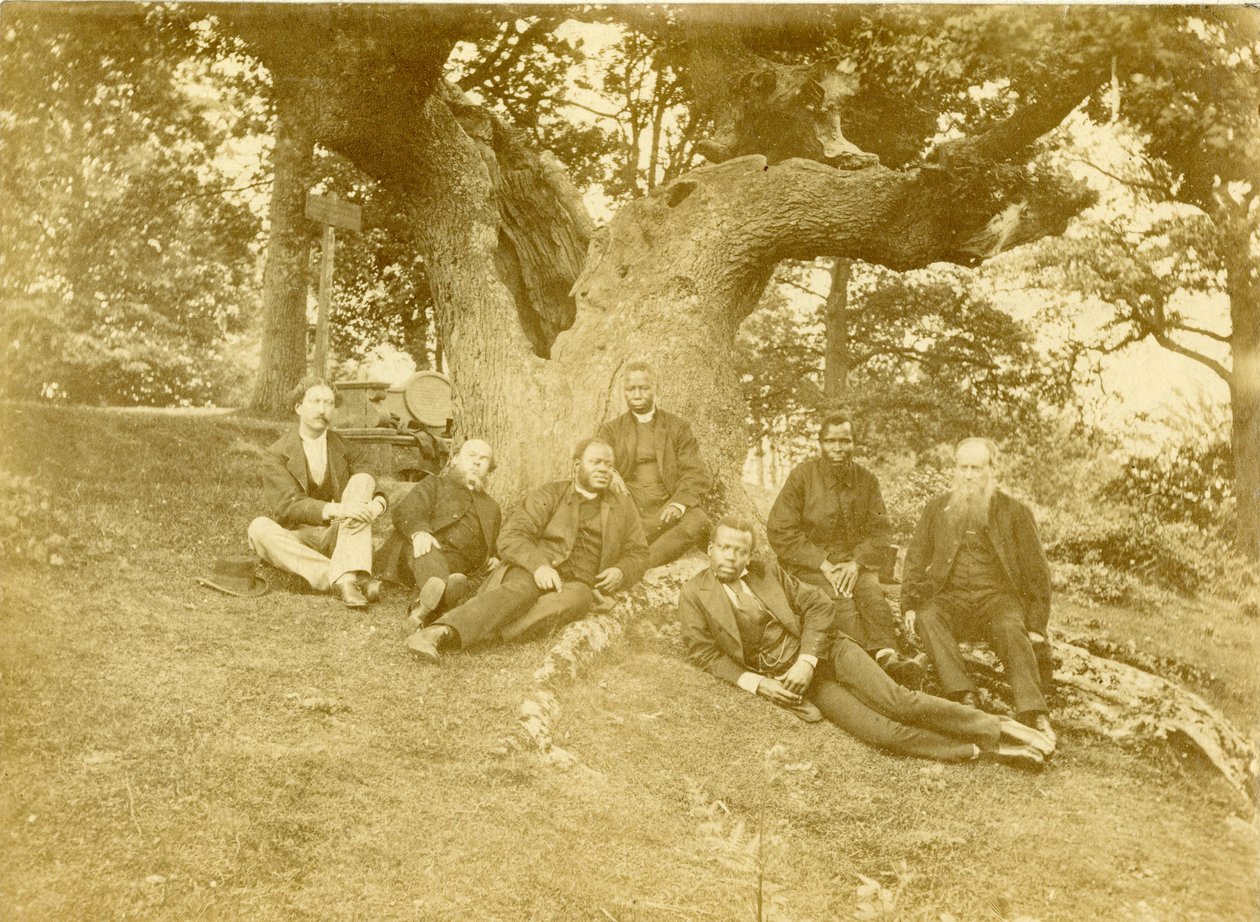 Sete dos principais membros da Church Missionary Society na Serra Leoa e na Nigéria sentados debaixo do Wilberforce Oak em Keston, Kent, Reino Unido de Unknown photographer