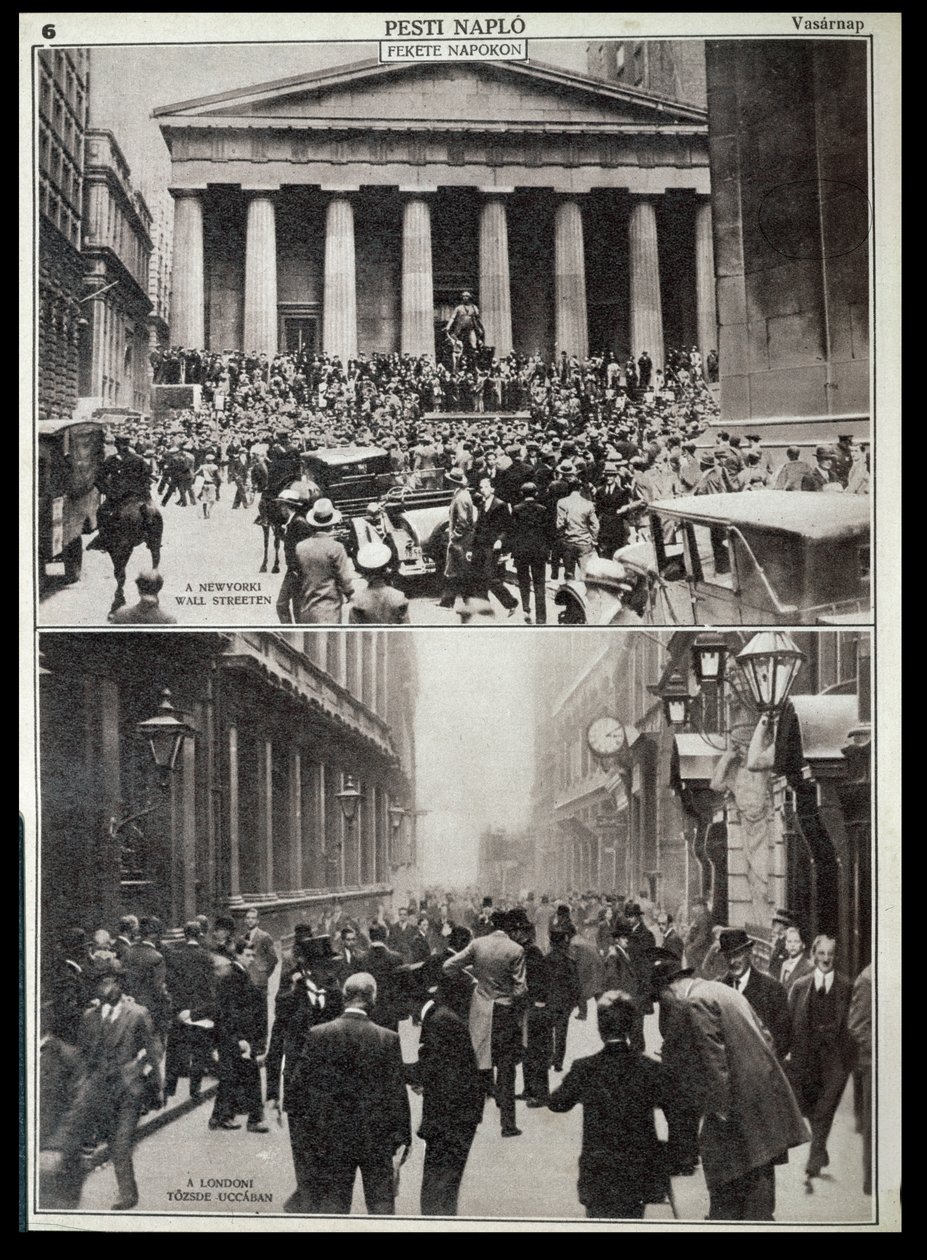 Em cima: Dias negros em Wall Street; em baixo: a Bolsa de Valores de Londres na altura do crash de 1929, de "Pesti Naplo de Unknown photographer