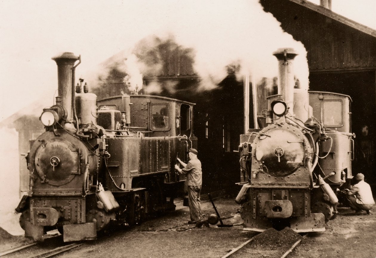 Duas locomotivas a vapor em manutenção por dois trabalhadores. de Unknown photographer