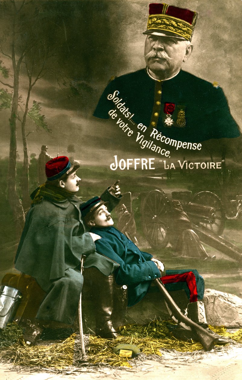 Postal da I Guerra Mundial, o Marechal Joseph Joffre dirige-se aos "poilus": "Soldados! Em recompensa pela vossa vigilância, a vitória." (foto) de Unknown photographer