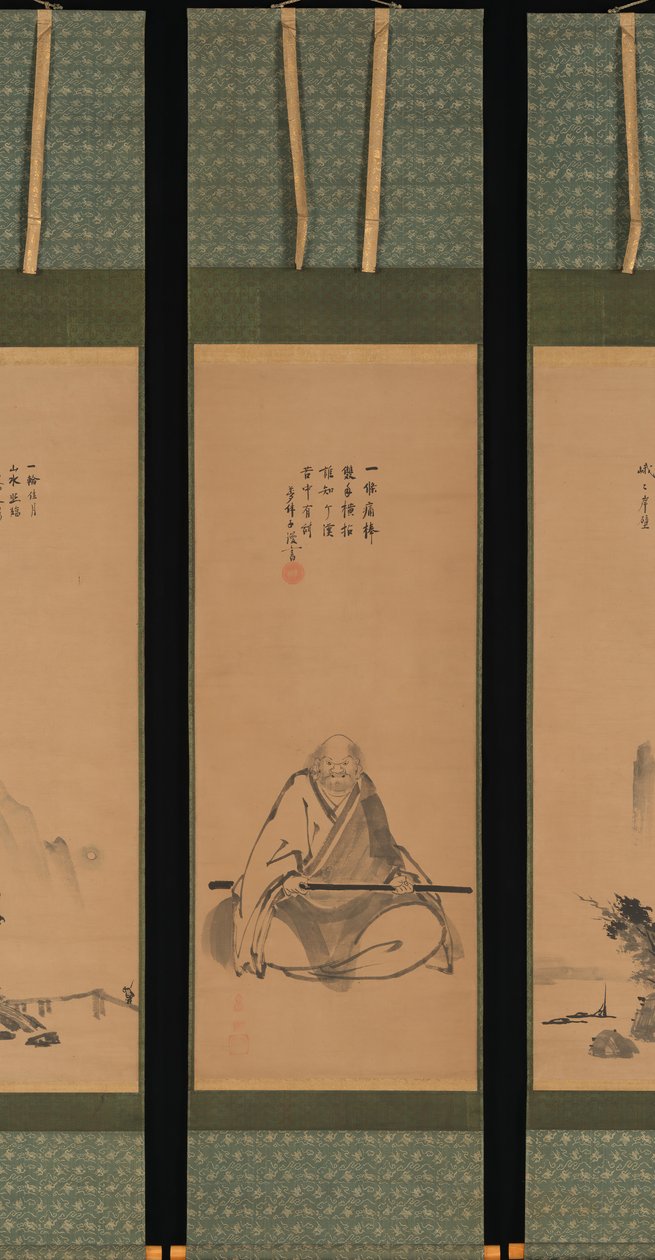 Mestre Zen com Cajado de Meditação e Paisagens em Estilo Chinês, provavelmente no final da década de 1620-1644. de Unkoku Toeki