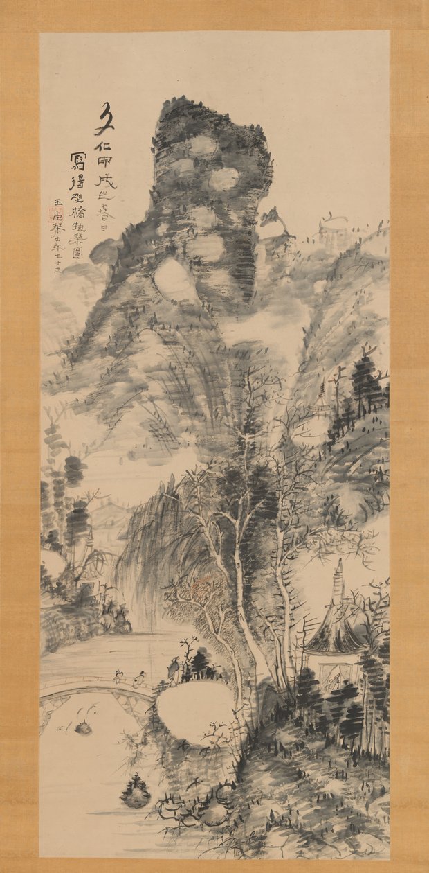 Em uma ponte rústica, carregando uma cítara Yakyo hokin zu, 1814. de Uragami Gyokudo