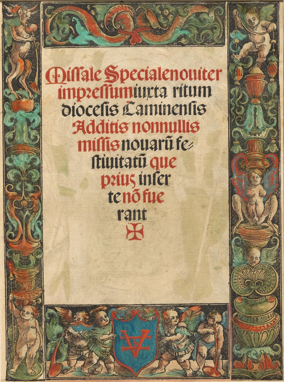 Folha de rosto para um Missal, com Sátiro e Borda Putti [verso], c. 1511. de Urs Graf