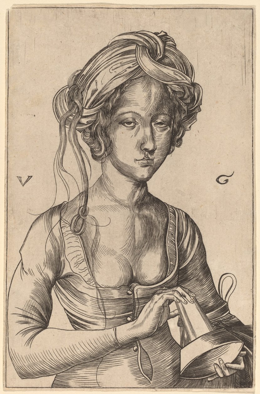 Uma figura de busto de uma virgem tola segurando sua lâmpada invertida de Urs Graf I after Martin Schongauer