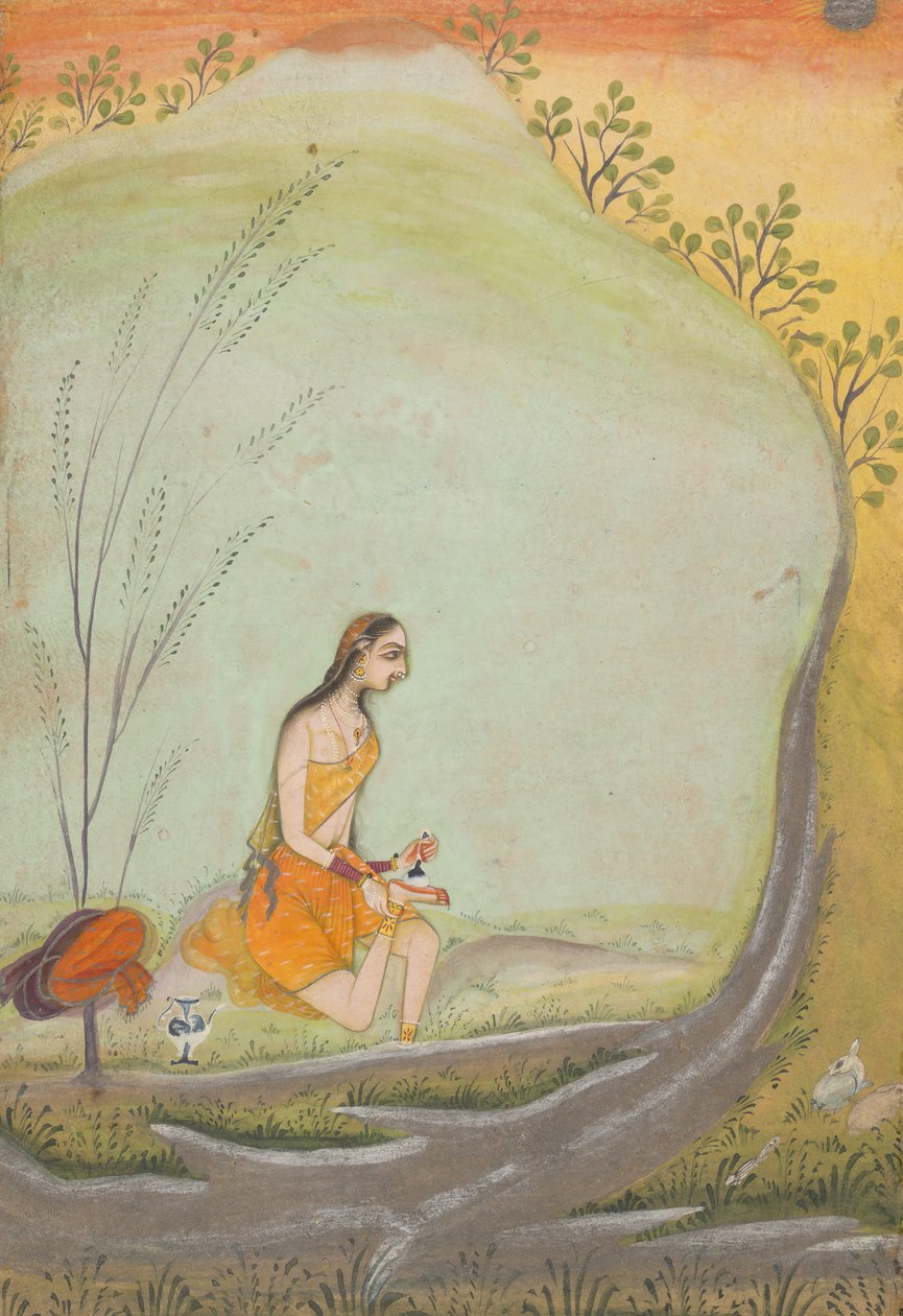 Uma senhora aplicando henna no pé, ca. 1720-30. de Ustad Mohamed