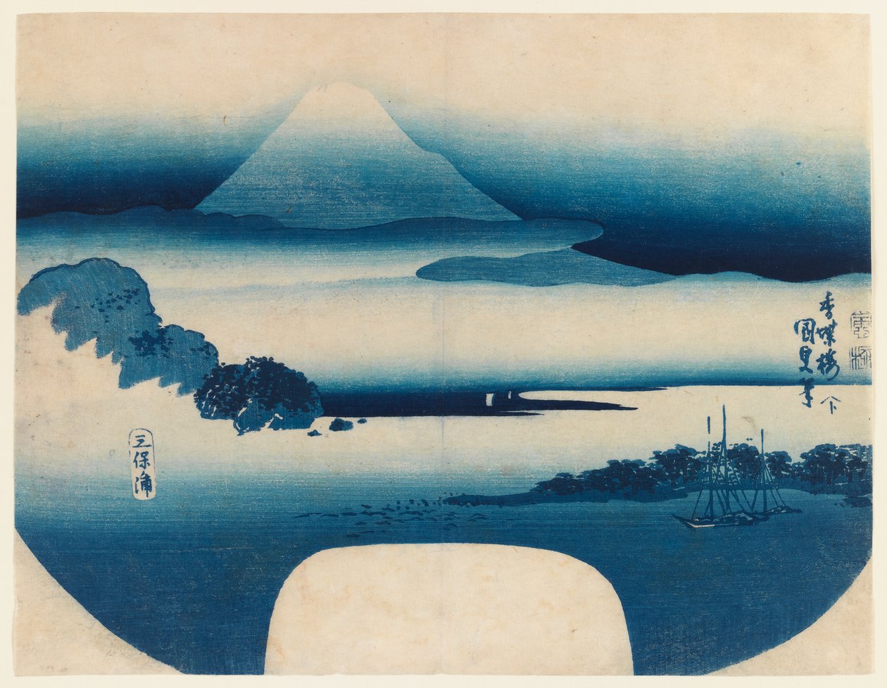 Vista de Fuji da Baía de Miho, maio de 1830 (impressão em xilogravura de cor) de Utagawa 1786 1864 Kunisada