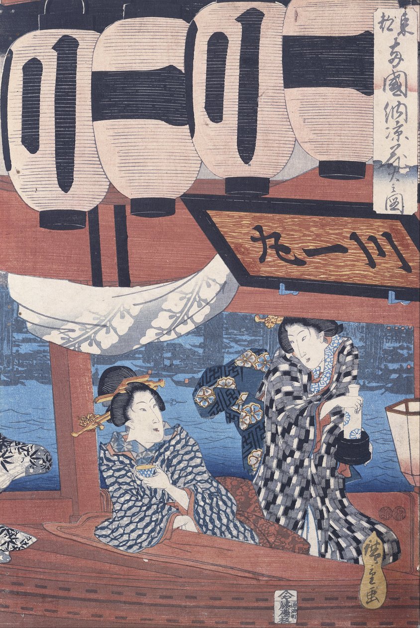 Apreciando os fogos de artifício e o frescor da noite na ponte Ryogoku na capital oriental de Utagawa Hiroshige