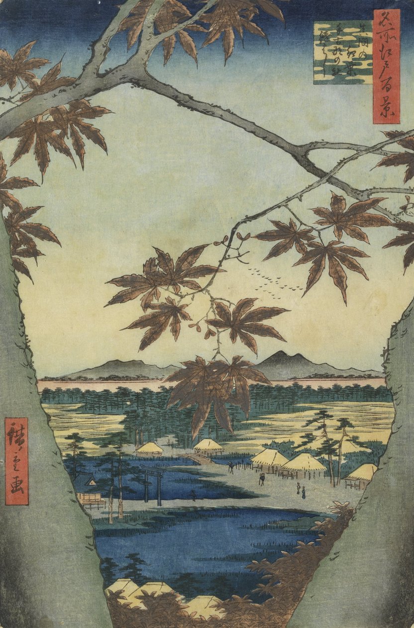 As folhas de bordo de Mama, Tekona santuário e ponte de Tsugi de Utagawa Hiroshige