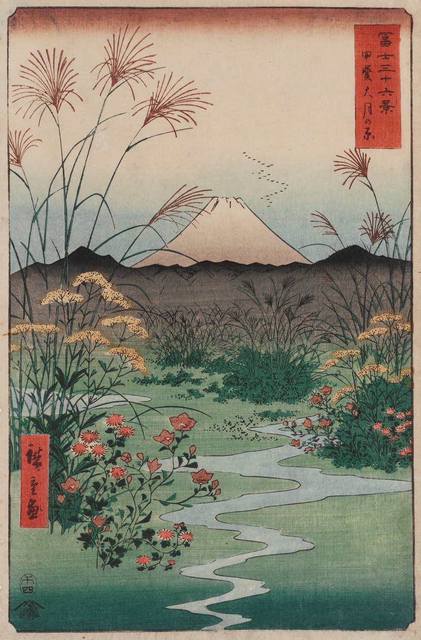planície tsuki na província de Kai (Kai tsuki no hara), da série Trinta e seis vistas do Monte Fuji (F ... de Utagawa Hiroshige