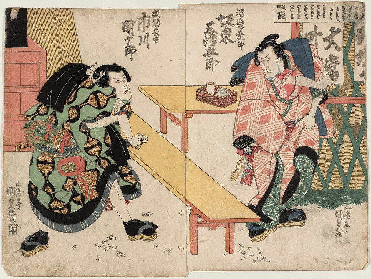 Atores Bando Mitsugoro III como Nuregami Chogoro R e Ichikawa Danjuro VII como Hanaregoma Chokichi L de Utagawa Kunisada