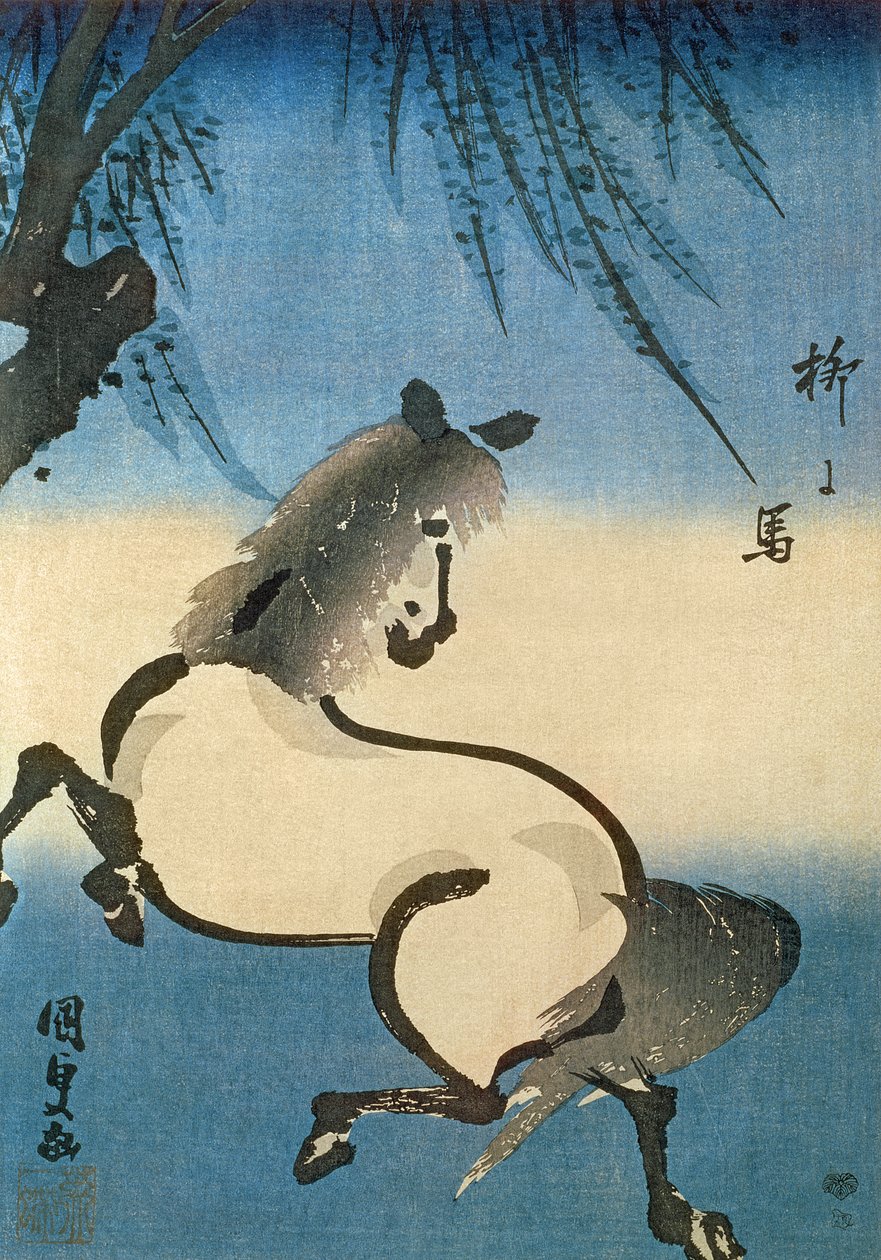 Um cavalo galopando debaixo de uma árvore de salgueiro (impressão em xilogravura a cores) de Utagawa Kunisada