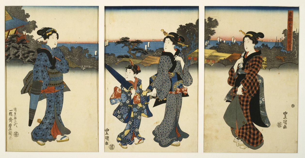 Courtesans Promenading por mar, meados do século 19 (xilogravura, tríptico) de Utagawa Kunisada
