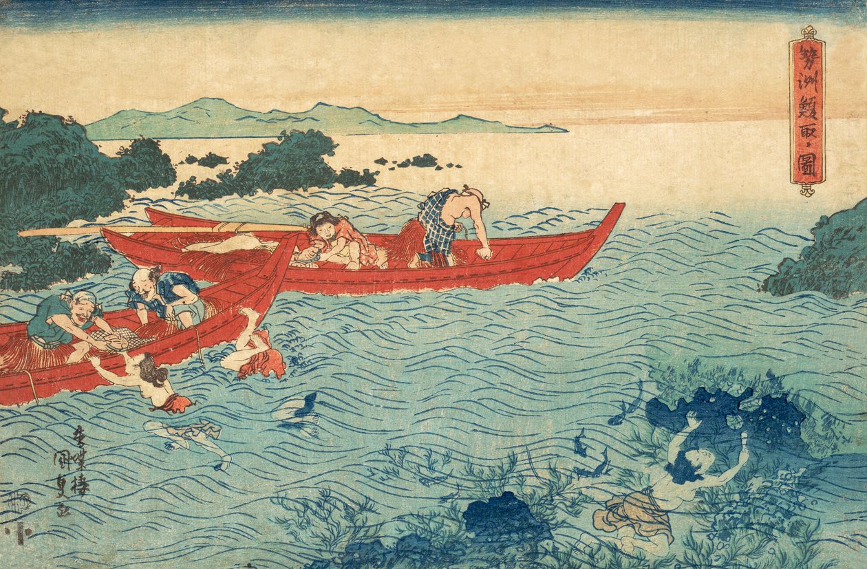 Pesca para Abalone, pub.1840 de Utagawa Kunisada
