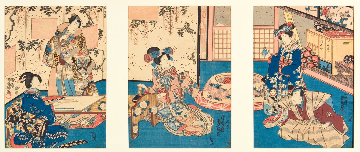 Moagem de tinta para escrever uma carta de resposta, inspirada no Inaka Genji, 1851 (woodblock) de Utagawa Kunisada