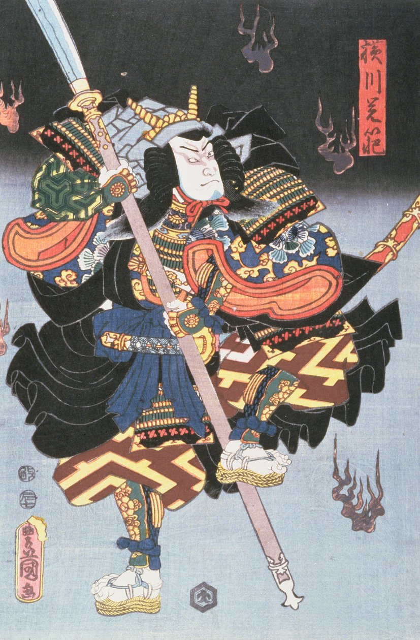 Kamezo como o guerreiro Monk, em uma cena de Sembouzakura no Teatro Ichimura, 1856 (caneta, tinta e wc no papel) de Utagawa Kunisada