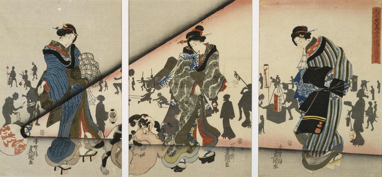 Cena Noturna com Garotas, Animais e Lanternas de Utagawa Kunisada