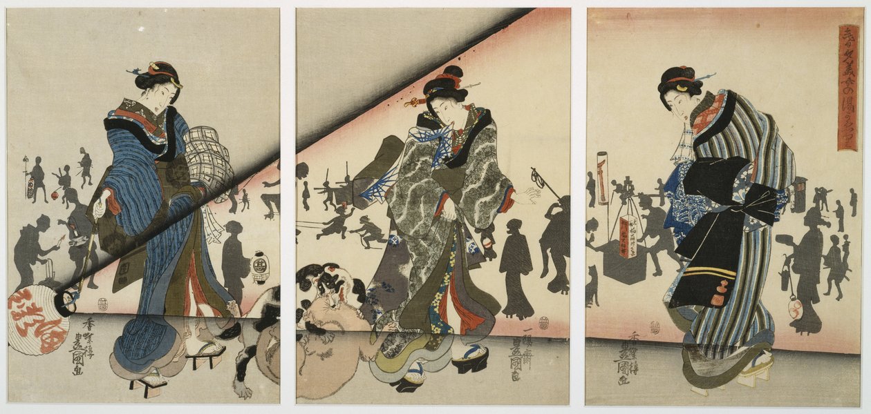 Cena Noturna com Garotas, Animais e Lanternas, em meados do século XIX (xilogravura, tríptico) de Utagawa Kunisada