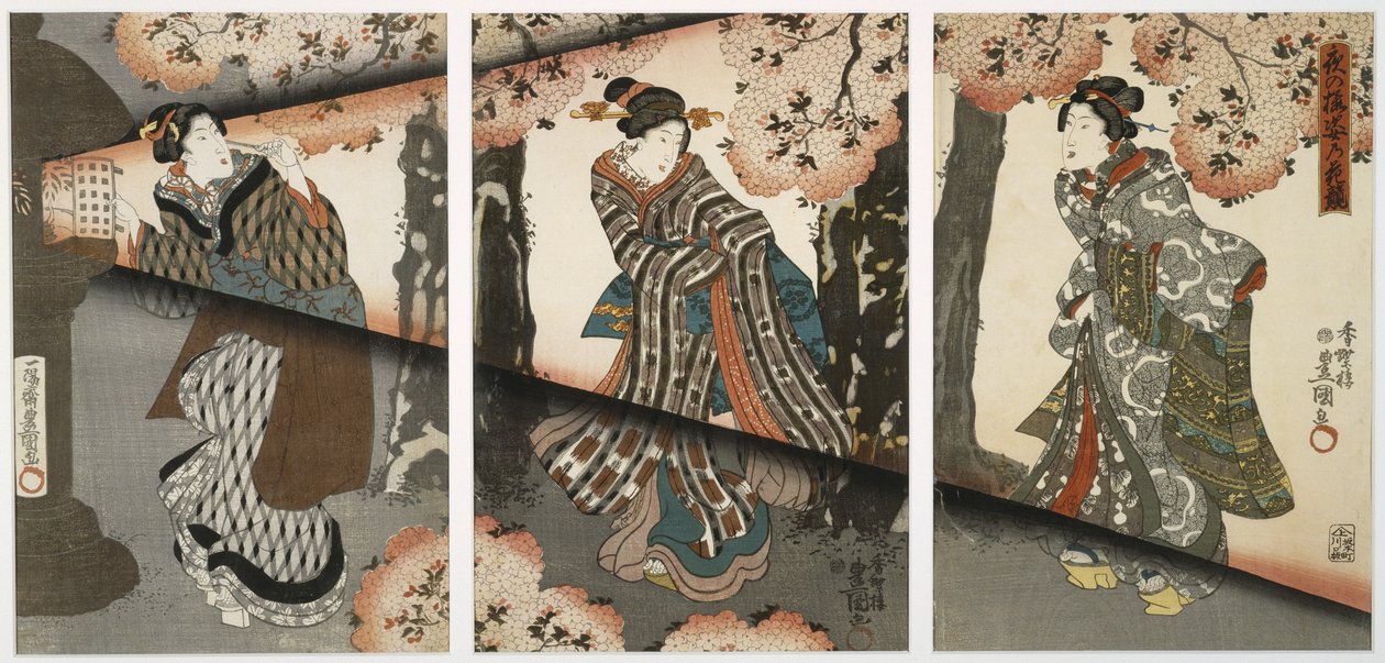 Cena Noturna com Meninas e Lanternas, em meados do século XIX (xilogravura, tríptico) de Utagawa Kunisada