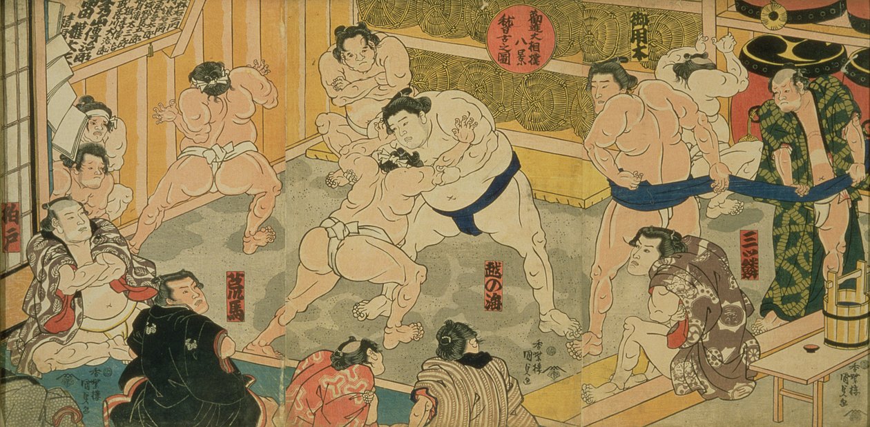 Uma das oito vistas de Kanjin Sumo, pub. por Tsutaya, século XIX, (tríptico, tamanho oban, impressão em xilogravura a cores) de Utagawa Kunisada