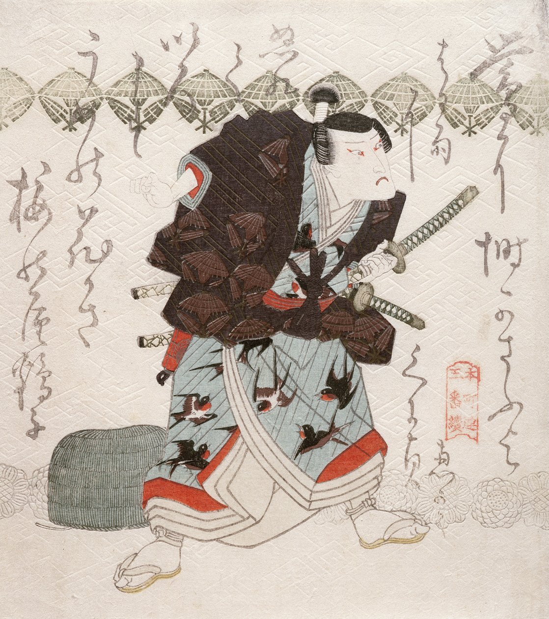 Onoe Kikugoro III como Nagoya Sanza na cena Saya-ate (colisão de bainhas), c.1827-30 (xilogravura colorida) de Utagawa Kunisada