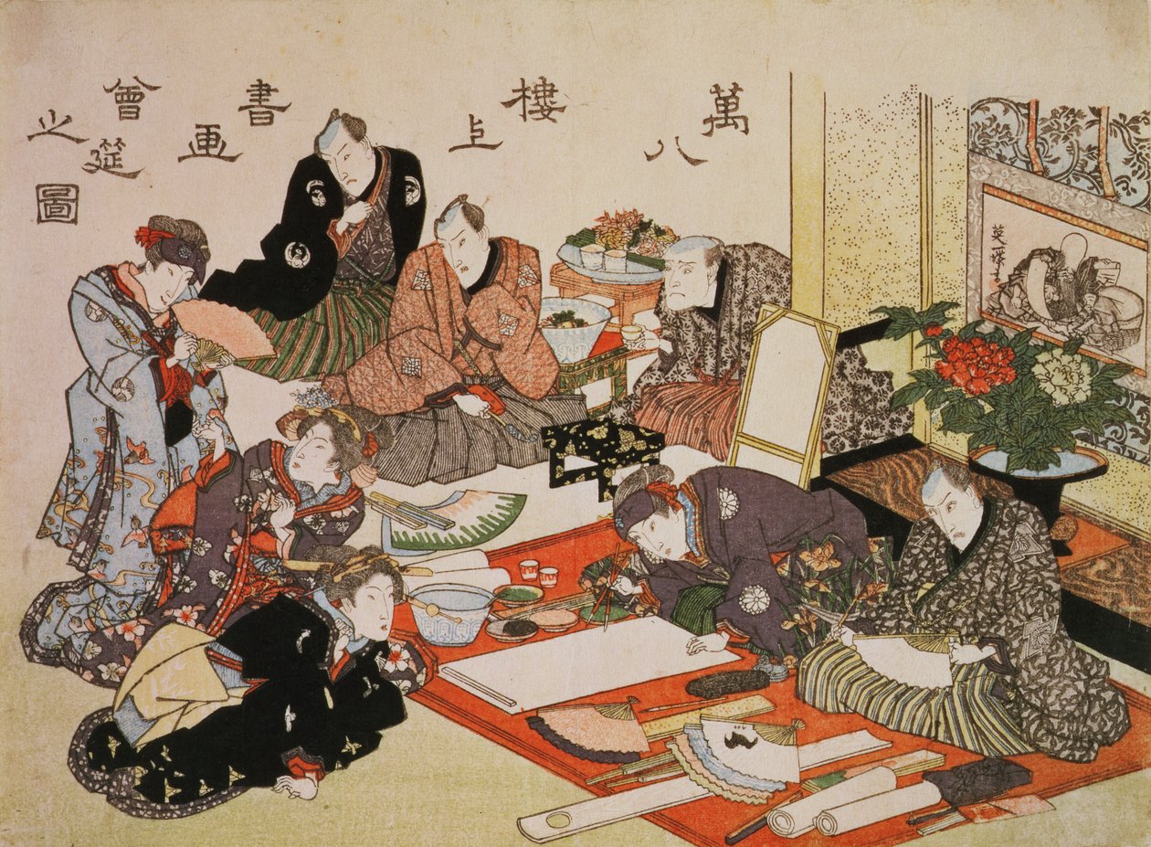 P.62-1938 Festa de pintura e caligrafia na casa de chá Manpachiro, 1827 (impressão xilogravura a cores) (para impressão de acompanhante ver 69775) de Utagawa Kunisada