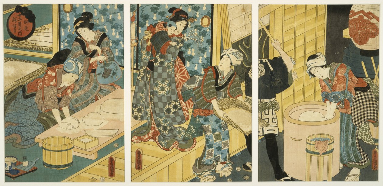 Preparativos para o Ano Novo (Pounding Mochi), meados do século XIX (xilogravura, tríptico) de Utagawa Kunisada