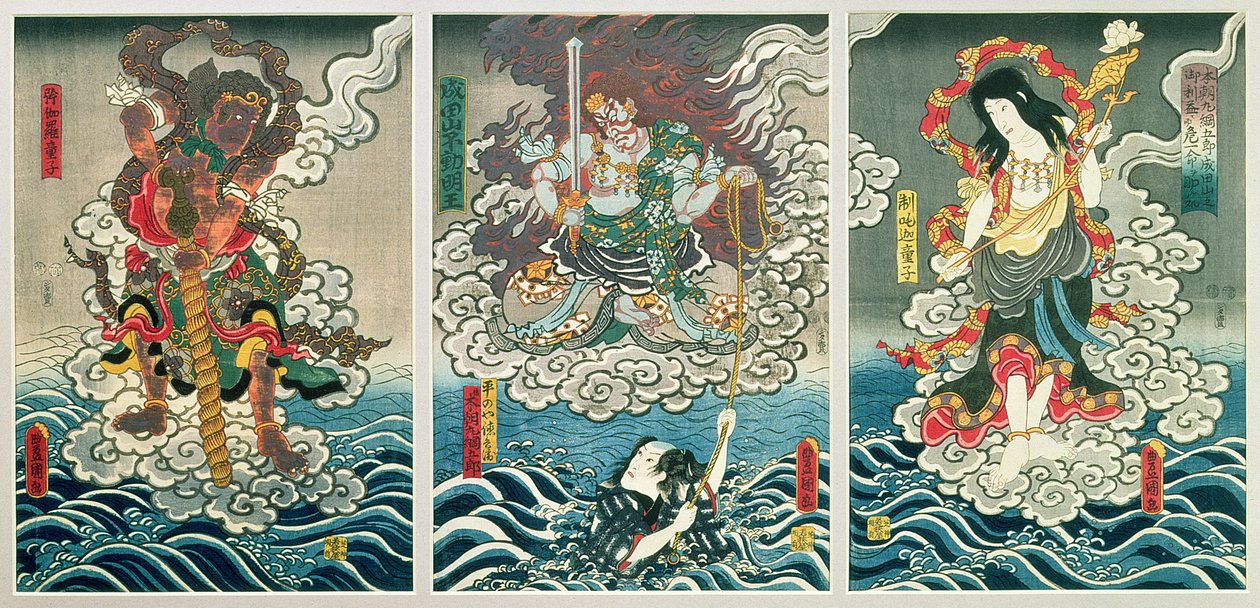O ator Ichikawa Ebizo V como a divindade Fudo Myoo resgatando Ichikawa Danjuro VIII como Honcho-maru Tsunagoro Hiranoya Tokubei acompanhado por outros atores como Seitaka-Doji e Kongara-Doji, c.1850 (coloure de Utagawa Kunisada